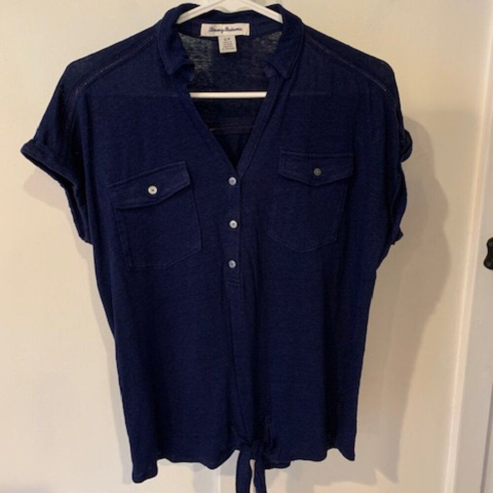 Tommy Bahama Navy Linen Short-Sleeve Top size S